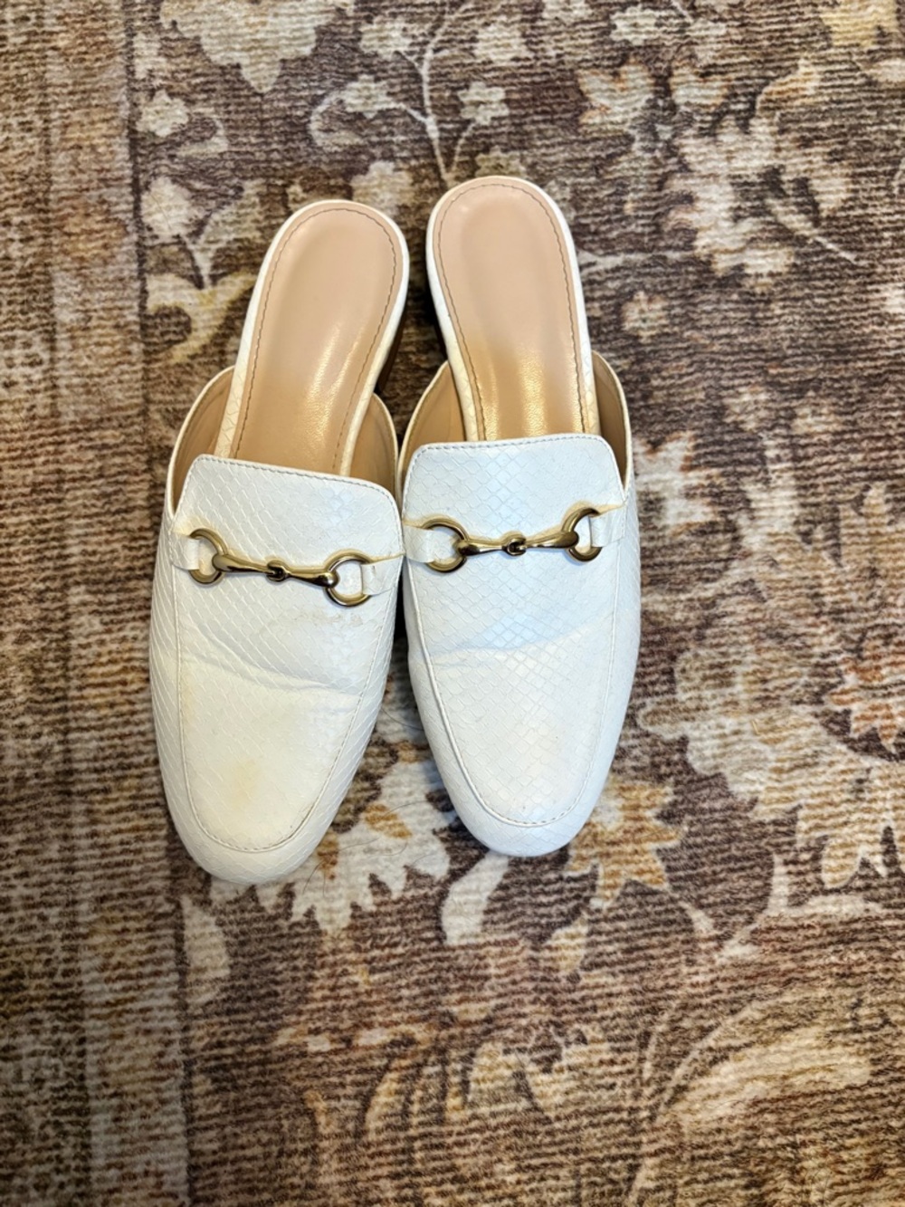 Women's White Slip-On Loafer Mules with Gold Bit Detail